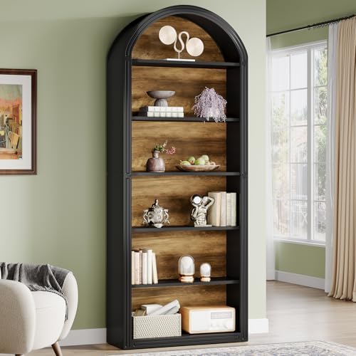 Tribesigns 6-Tier Black Arched Bookshelf, 77.16" Tall Arched Bookcase with Storage Shelves, Floor Standing Open Display Shelving Unit for Living Room, Bedroom, Home Office(Black, 6-Tier)