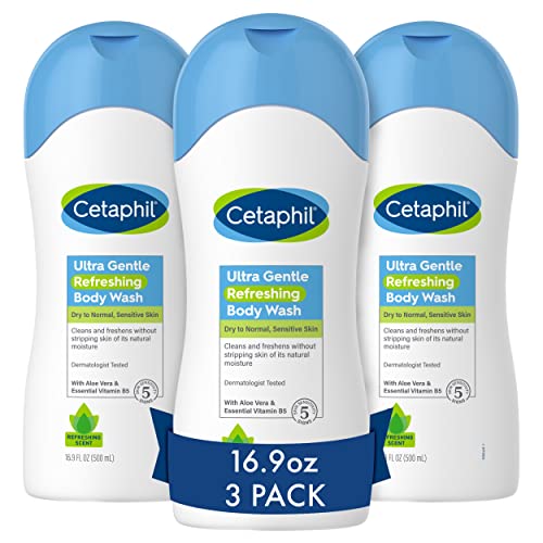 Cetaphil Ultra Gentle Refreshing Body Wash, Refreshing Scent For Dry to Normal, Sensitive Skin, 16.9oz Pack of 3, with Aloe Vera, Calendula, Vitamin B5, Hypoallergenic, Dermatologist Tested