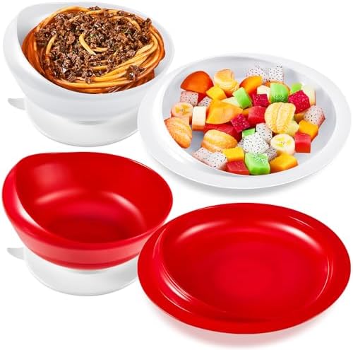 Hushee Adaptive Spill Proof Scoop Bowl and Plate Set with Suction Base Non Skid Self Feed Dinnerware for Elderly Disabled Handicapped from Parkinsons, Dementia, Stroke, Tremor(2 Sets,Red and White)