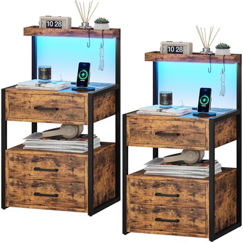 AOGLLATI Nightstand Set of 2 with Charging Station and LED Lights, Bedside Table with 3 Drawers and Open Storage Shelves, 2 USB Ports and 2 AC Outlets, LED Night Stand for Bedroom, Rustic Brown