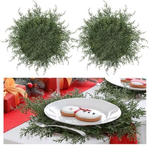 6 Pcs Christmas Pine Placemats 20 Inch Artificial Greenery Placemats Round Cedar Branch Place Mat Dining Table Mats for Xmas Party Decorations Holiday