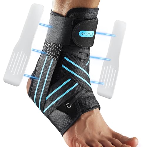 AGPTEK Ankle Brace for Women Men, Adjustable Lace-Up Ankle Support with Removable Splints for Sprained Ankle, Injury Recovery, Ankle Stabilizer Wrap for Basketball Volleyball Sports, Blue, M