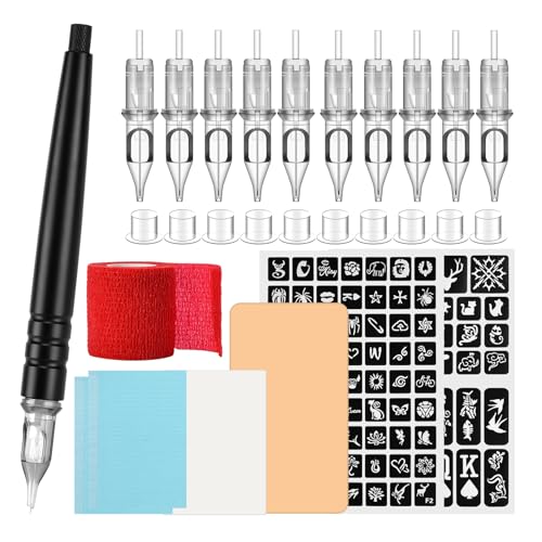 ATOMUS DIY Tattoo Cartridge Pen Poke and Stick Tattoo Kit with Stencil Pattern Practice Skin Ink Cups 10pcs 3RL 5RL Tattoo Cartridge Needles Bandage Table Mats