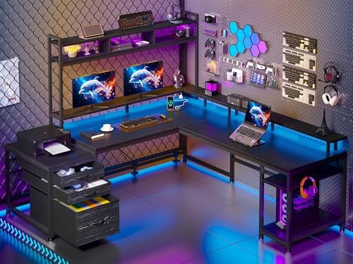 EnHomee 64 x 60 Inches L Shaped Desk with Hutch and Drawers, Gaming Desk with Power Outlet, Reversible Corner Computer Desk with Monitor Shelf, Two Person Desk with Led Lights for Home Office, Black