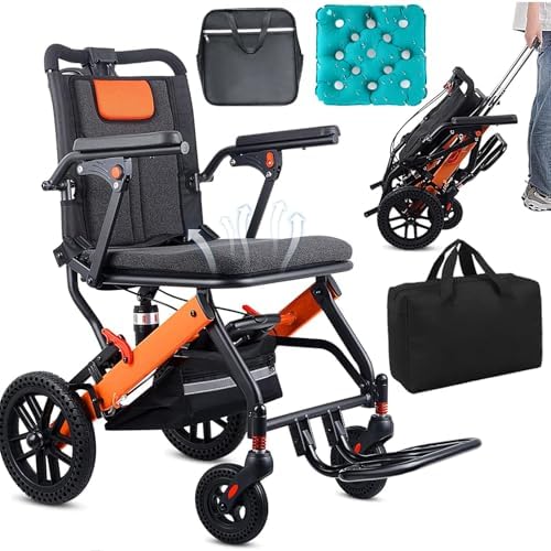 Upgraded Transport Wheelchair, Come with Telescopic Handle, Inflatable Seat Cushions, Wheelchairs for Adults, Lightweight Transport Wheelchairs, Travel Wheelchair Lightweight Foldable with 3 Bags