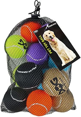 Squeaky Tennis Balls for Dogs - 12 Pack 2.5'' Durable Non-Toxic Interactive Pet Toy Balls with Mesh Bag, SGS Certified, Multi-Color Dogs Fetch Toys for Training & Outdoor Play, Medium Breeds