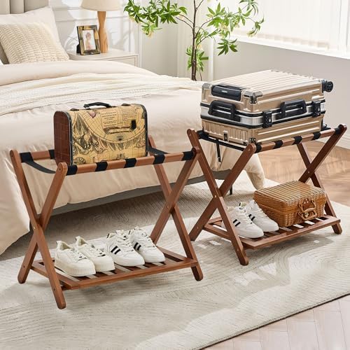 Fully Assembled Walnut Luggage Racks Set of 2, Bamboo Luggage Rack Stand for Guest Room, 5 Nylon Straps, 26.77" Folding Suitcase Stand with Storage Shelf for Bedroom Hotel, Holds up to 165 Lbs