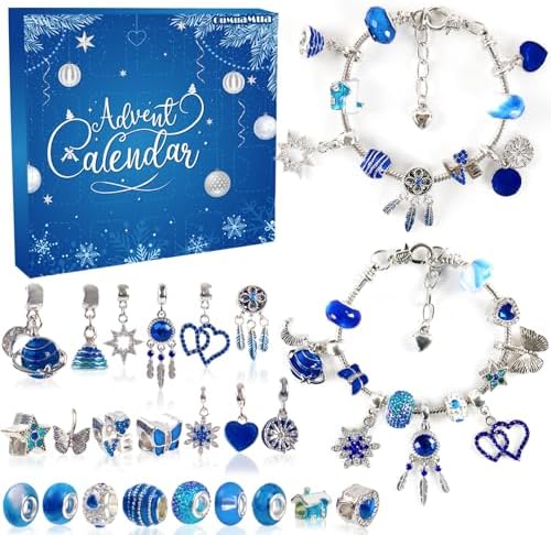 Advent Calendar Charm Bracelets 2025 for Girls, 24 Days Christmas Countdown Calendar DIY Bracelets Jewelry Making Kit with Blue Charm Beads Xmas Gift for Girls Kids Teens Adults