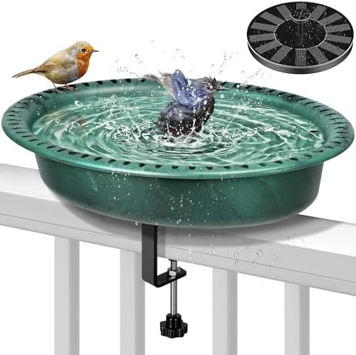 VIVOHOME Deck Mounted Oval Polyresin Bird Bath with Solar Fountain, Adjustable Clamp for Railings up to 3.9 Inch, Capacity 1.3 Gallons for Patio, Gardens, Yard, Deck, Green