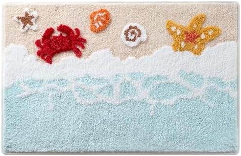 Beach Bathroom Rugs 20x32 Inch, Soft and Absorbent Tufted Shell Crab Starfish Bath Mat Non Slip Washable, Ocean Coastal Nautical Decor for Bathroom Bedroom
