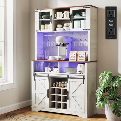 Farmhouse Coffee Bar Cabinet with Sliding Barn Door, 70" Tall Kitchen Hutch China Cabinet w/Wine Rack, Power Outlet & Lighting, Liquor bar Station Food Pantry Storage Cabinet for Home, White