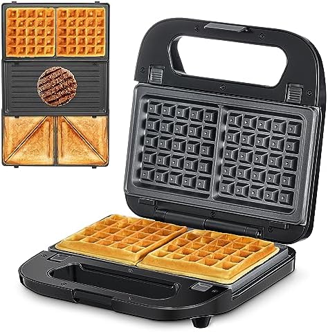 3-in-1 Waffle, Grill & Sandwich Maker, Panini Press Grill and Waffle Iron Set with Removable Non-Stick Plates, Perfect for Cooking Grilled Cheese, Tuna Melts, Burgers, Steaks and Snacks, Black (3 in1 Sandwich Maker With Plastic Handle)