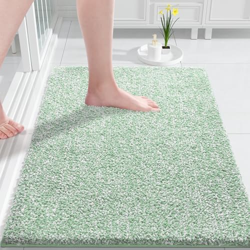 Yimobra Bathroom Rugs Mat, Extra Soft Comfortable Bath Rugs, Non-Slip, Water Absorbent and Thick Bathroom Floor Mats, Machine Washine, Shaggy Rugs for Shower Bathtubs, 32" x 20", Green&White