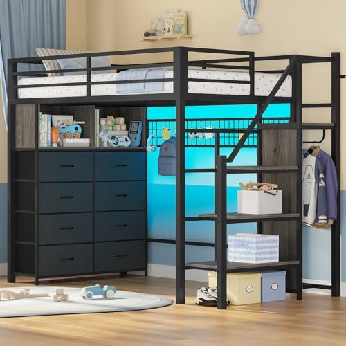ADORNEVE Twin Size Loft Bed with Storage Stairs, 8 Drawers, Metal Kids Loft Bed Twin with LED Lights, Power Outlet, Shelves and Wardrobe, 13" H Safety Guard,Large Under-Beds Space, Grey