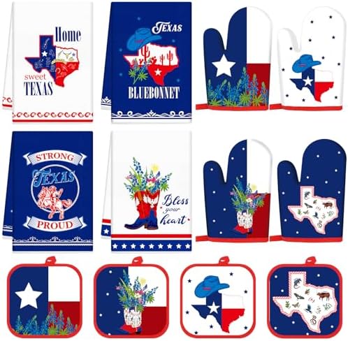 Maxcheck 12 Pcs 4th of July Texas Souvenirs Gifts Texas Bluebonnets Kitchen Towels Pot Holders Oven Mitts Set Red White Blue Oven Gloves Tea Dish Hand Towels Hot Pads for Cooking Accessories