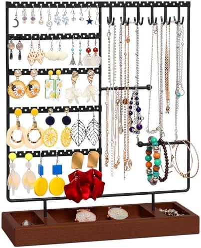 X-cosrack Jewelry Holder Organizer Stand, Jewelry Display with Earring Necklace Bracelet Holder, Earring Organizer and Storage with 132 Holes, Necklace Holder with 12 Hooks, Rustic Black+Brown