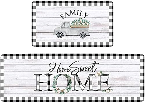 Riakrum 2 Pcs Farmhouse Kitchen Rugs Set Non Slip Washable Kitchen Mat Country Black and White Buffalo Checkered Rug Comfort Standing Mats for Hallway Laundry Decor 16 x 28 and 16 x 47 Inch