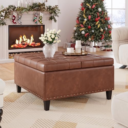 Square Leather Ottoman with Storage, Leather Coffee Table Ottoman with Lift Top, Large Upholstered Footrest Stool Toy Box Storage for Livingroom Bedroom, Brown