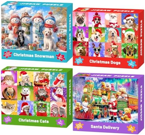 4 Packs Christmas 100 Piece Puzzles for Kids Ages 4-6 6-8 8-10, Snowman Dogs Cats Train Christmas Jigsaw Puzzles Kids Puzzles Ages 5-8, Xmas Gifts Stocking Stuffers for Boys Girls