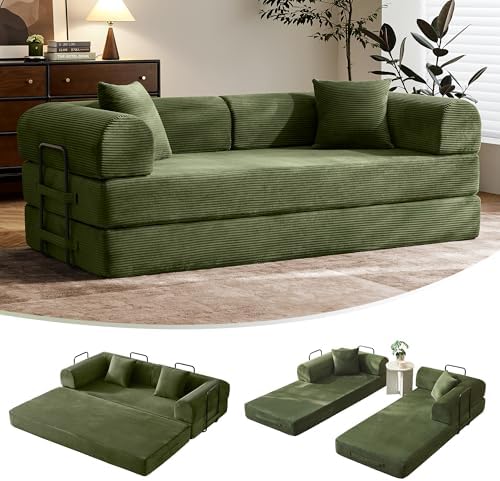 79" Convertible Sofa Bed with Fixed-Shape Frame & Removable Armrests, Modular Corduroy Sleeper Sofa, Folding Mattress Couch for Small Spaces - No Assembly Needed in Green (Includes 2 Pillows)