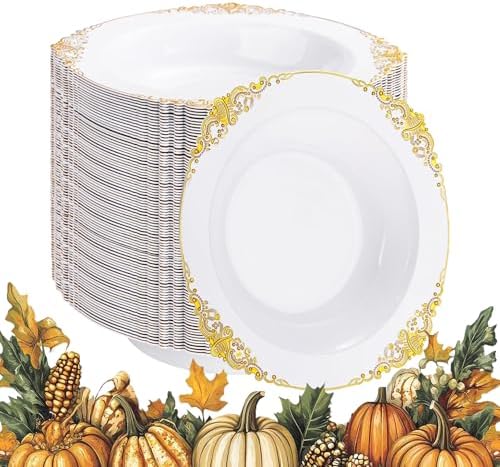 100PCS Gold Plastic Bowls - 12 oz White Disposable Salad Bowls - Heavy Duty Soup Serving Bowl - Fancy Plastic Ice Cream Bowl for Christmas,Thanksgiving Parties, Dinners, Catering, Picnics
