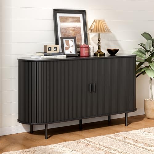 ONBRILL 55" Sideboard Buffet Cabinet with Storage, Storage Cabinet with Sliding Door & Adjustable Shelf, Modern Accent Coffee Bar Cabinet Console Table for Kitchen, Entryway, Black
