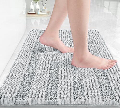 Yimobra Bathroom Rug Mat 24 x 17, Non Slip and Super Absorbent Bath Mat,Machine Washable Quick Dry,Ultra Plush Chenille Shower Rugs for Bathroom Floor Sink Tub and Shower Outside,Silver