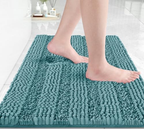 Yimobra Bathroom Rug Mat 24 x 17, Non Slip and Super Absorbent Bath Mat,Machine Washable Quick Dry,Ultra Plush Chenille Shower Rugs for Bathroom Floor Sink Tub and Shower Outside,Teal Blue