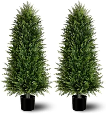 4FT Artificial Cedar Topiary Trees (2 Pack) - UV Resistant Fake Evergreen Shrubs with Extra Dense Foliage, Realistic Potted Faux Plants for Front Porch & Garden Decor