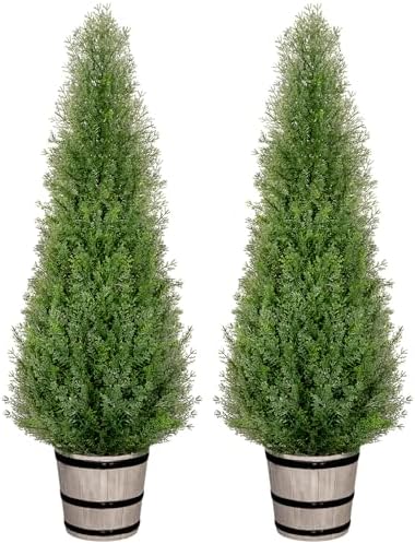 4FT Artificial Cedar Topiary Trees with Rustic Barrel Planter, Outdoor Indoor Realistic Faux Pine Shrubs Plants, Fake Cypress Trees for Home Offices Porch Decor, Set of 2
