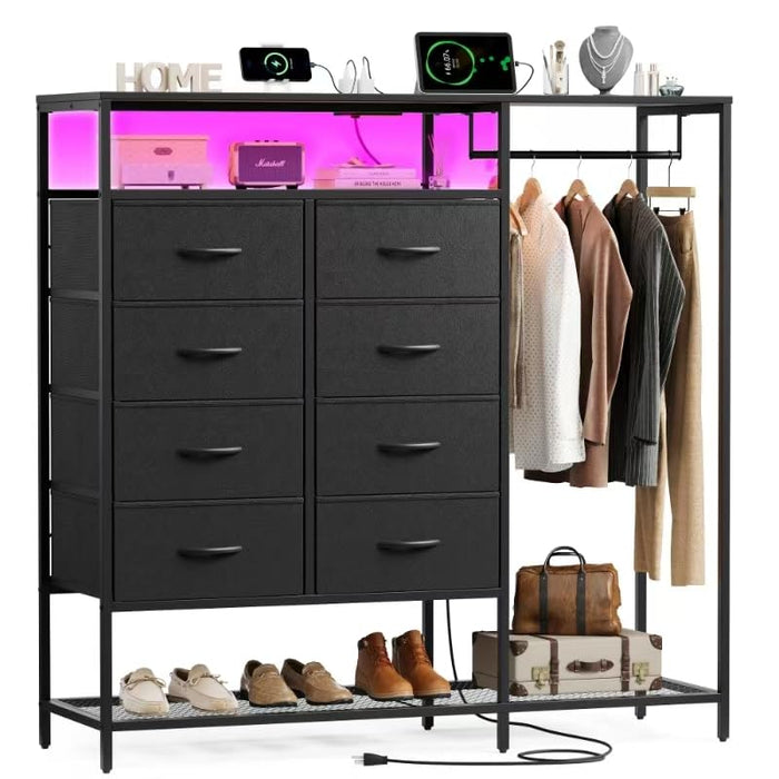 Black Dresser for Bedroom with 8 Drawers and Hanging Rack, 47 Inch Closet Dressers with LED Lights, Shelves & Charging Station, Clothes Storage Organizer