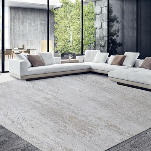 HOMBYS 10x14 Modern Area Rug for Living Room Bedroom, Large Boho Floor Carpet with Non-Slip Backing for Indoor Office Dining Room, Abstract Home Deco Non-Shedding, Khaki, Machine Washable