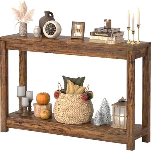 47" Farmhouse Wood Entryway Table Narrow Console Table with Storage Behind Couch Sofa Table with Shelves Entry Way Table with Open Storage, Easy Assembly, Rustic Brown