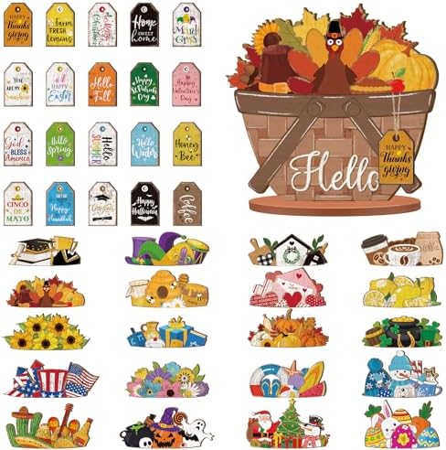 42 Pcs Interchangeable Fall Thanksgiving Flower Basket Decor Holiday Seasonal Sign Farmhouse Rustic Christmas Wood DIY Hanging Drop Home Office Desk Accessory Tiered Tray Ornament Gifts