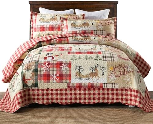 MarCielo 3 Piece Christmas Quilt Set, Rustic Lodge Deer Quilt Bedspread Throw Blanket Lightweight Bedspread Coverlet Comforter Set (Hello Winter, Queen)