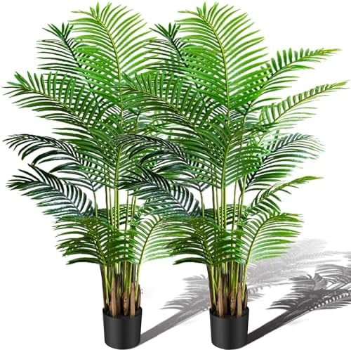 KOL 6ft 2-Pack Artificial Areca Palm Plant in Pot, Fake Tropical Cane Palm Silk Tree Indoor Outdoor, Dypsis Lutescens Plants, 70in Lifelike Faux Silk Plant Home Garden Decoration, Housewarming Gift