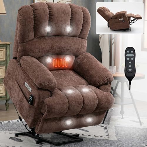 Large Power Lift Recliner Chairs with Massage and Heat for Elderly, Heavy Duty and Safety Motion Reclining Mechanism Chenille Skid Fabric Recliner Chair with USB Ports for Living Room (Dark Brown)
