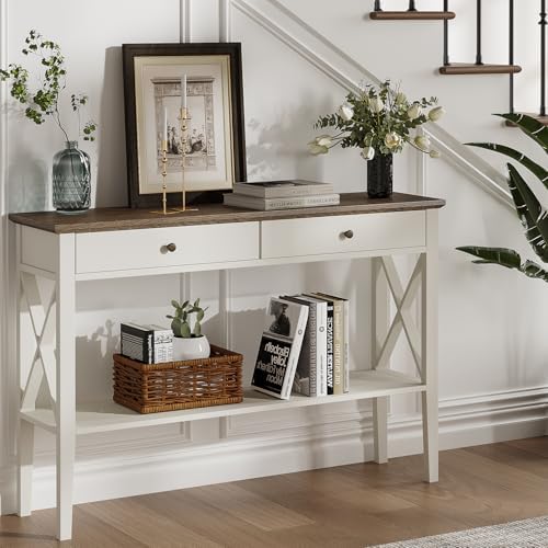 ChooChoo Farmhouse Console Table with Drawers, Narrow Wood Accent Sofa Table Entryway Table with Storage Shelf for Entryway, Front Hall, Hallway, Living Room, Antique White & Brown