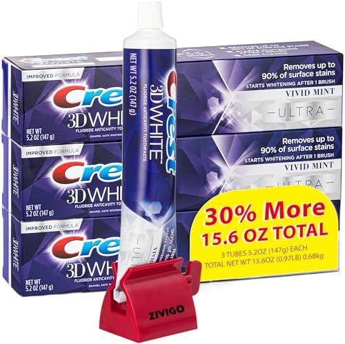 3D-White Ultra Whitening Toothpaste, Vivid Mint, Anticavity Fluoride Toothpaste, 3 Large Tubes of 5.2 oz (Total 15.6 oz) with Zivigo Toothpaste Squeezer (Colors May Vary)