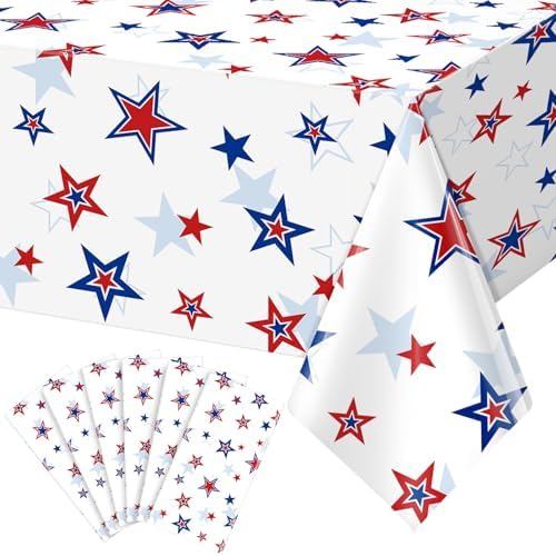 6 Pack 4th of July Memorial Day Tablecloth Decorations, Plastic American Patriotic Red White Blue Disposable Rectangle Table Cover with Stars for Independence Day Themed Party Supplies, 54x108 Inch