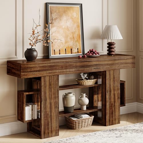 63 Inch Long Console Table for Entryway, Farmhouse Wooden Sofa Table Behind Couch with 3-Tier Storage Shelf, Narrow Entry Accent Table for Living Room, Hallway, Foyer, Rustic Brown