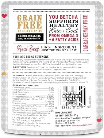 "I and love and you" Top That Shine Wet Dog Food Pouch, Beef Recipe In Gravy, 3 oz (Pack of 12)