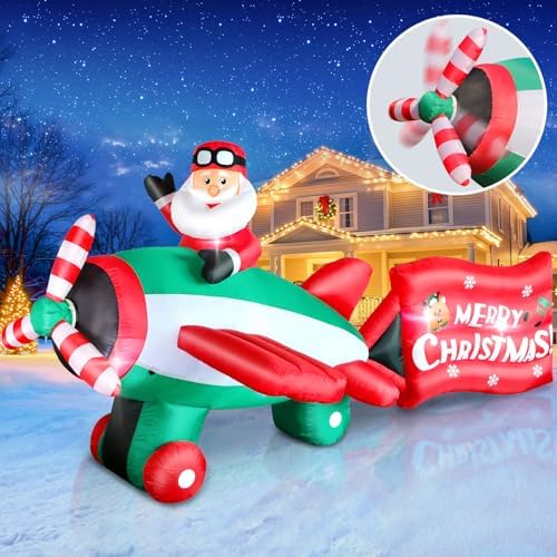 10.5FT Christmas Inflatables Santa Claus on Animated Helicopter, Giant Blow Up Santa Claus Flying Airplane, Lighted Inflatable Outdoor Decorations for Garden Yard Holiday Party Lawn Decor