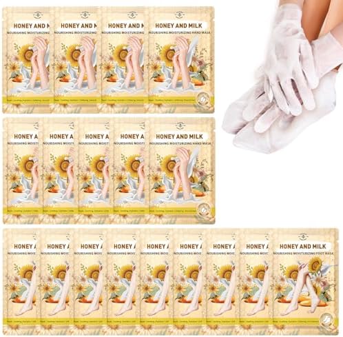 18 Pairs Moisturizing Hand & Foot Masks with Honey, Milk, Vitamin E & Glycerin, Intensely Hydrating Foot Mask For Dry Cracked Feet, Moisturizing Socks for Cracked Heel Treatment