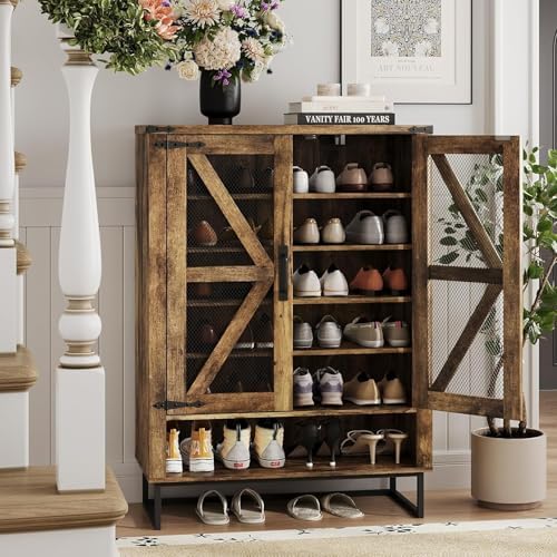 Maupvit 42.1" Shoe Cabinet with Ventilated Mesh Doors, 6-Tier Farmhouse Shoe Storage Cabinet with Adjustable Shelves & Metal Legs, Rustic Wooden Shoe Rack Organizer for Entryway, Hallway, Foyer, Brown