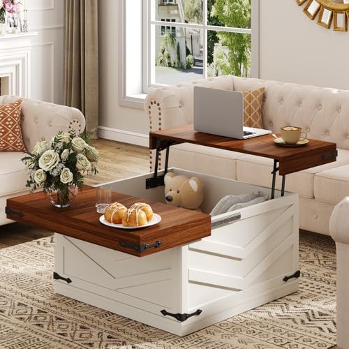 31.5'' Lift Top Coffee Table, Sliding Top Square Center Table with Large Hidden Storage Organizer, Multi-Functional Farmhouse Coffee Tables for Living Room, Bedroom, Home Office, White
