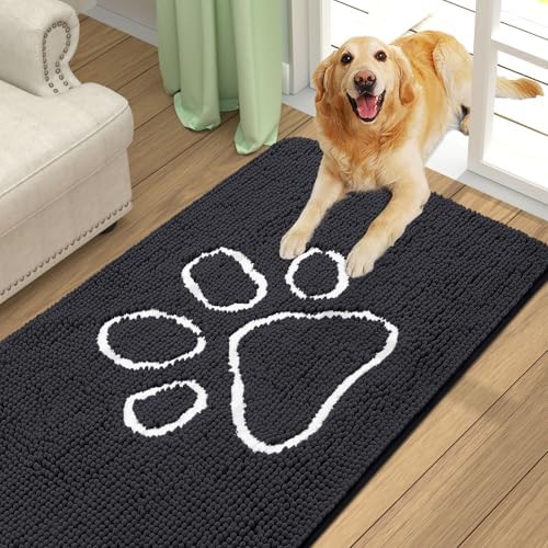 Smiry Dog Door Mat for Muddy Paws, Absorbent Dirt Trapper Non Slip Quick Dry Washable Chenille Mat for Mud Dogs, Entry Rug for Indoor and Outdoor (70x24 Inches, Black)