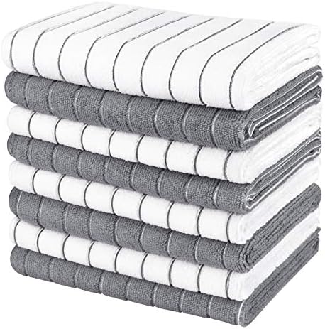 AIDEA Kitchen Towels-8PK, Super Soft and Absorbent Drying Towels for Dishes, Microfiber Cleaning Cloth Multi-Purpose Dish Towels for Kitchen, Home-Grey/White -18”x26”