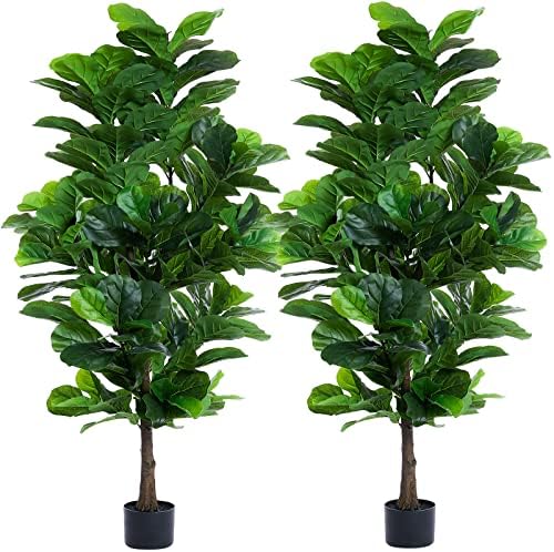 Fiddle Leaf Fig Tree 6ft Tall Artificial Tree in Pot Fake Ficus Lyrata Plants with 184 Decorative Fiddle Leaves Faux Fig Trees for Home Office Living Room Decor Indoor Outdoor, 2 Pack