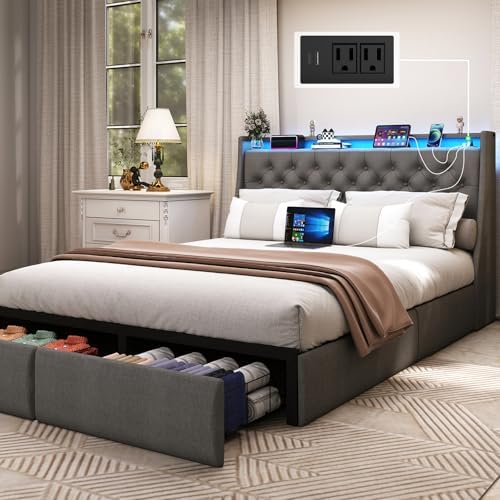Full Size Bed Frame with Headboard and 2 Storage Drawers, Upholstered Wingback Full Size Platform Bed Frame with Charging Station & LED, Noise Free, No Box Spring Needed, Easy Assembly, Gray